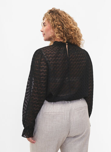 Langærmet bluse med mønstret tekstur, Black, Model image number 1