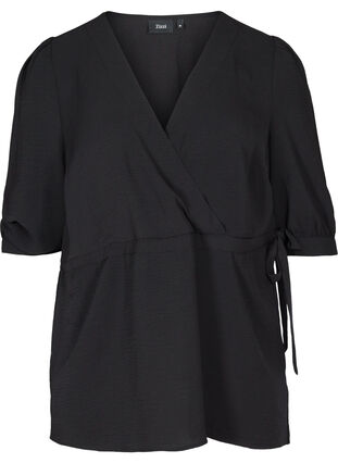 Bluse med pufærmer og snøre i taljen, Black, Packshot image number 0