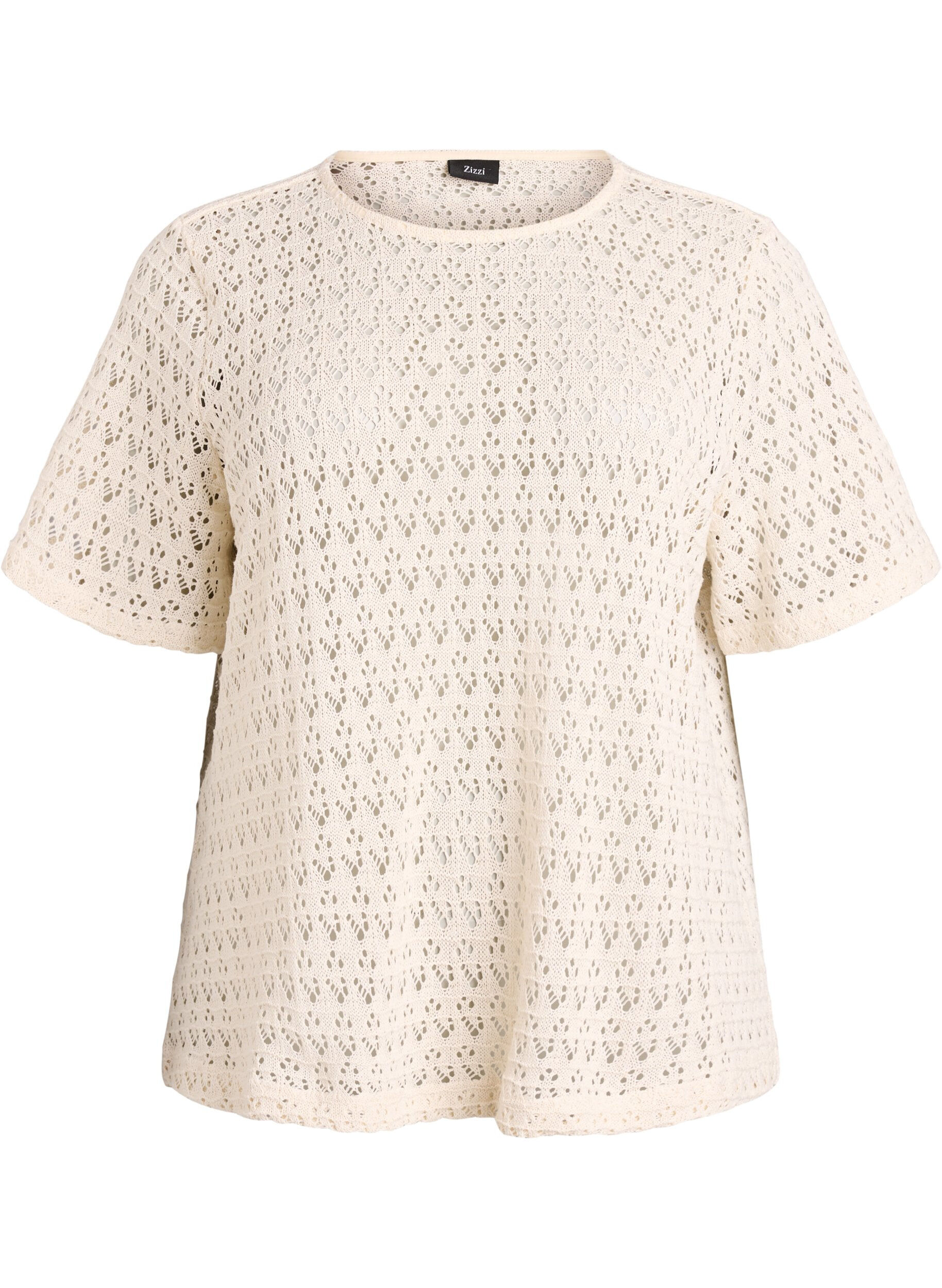 ZizziKort&aelig;rmet bluse med hulm&oslash;nster, Beige, Packshot image number 0