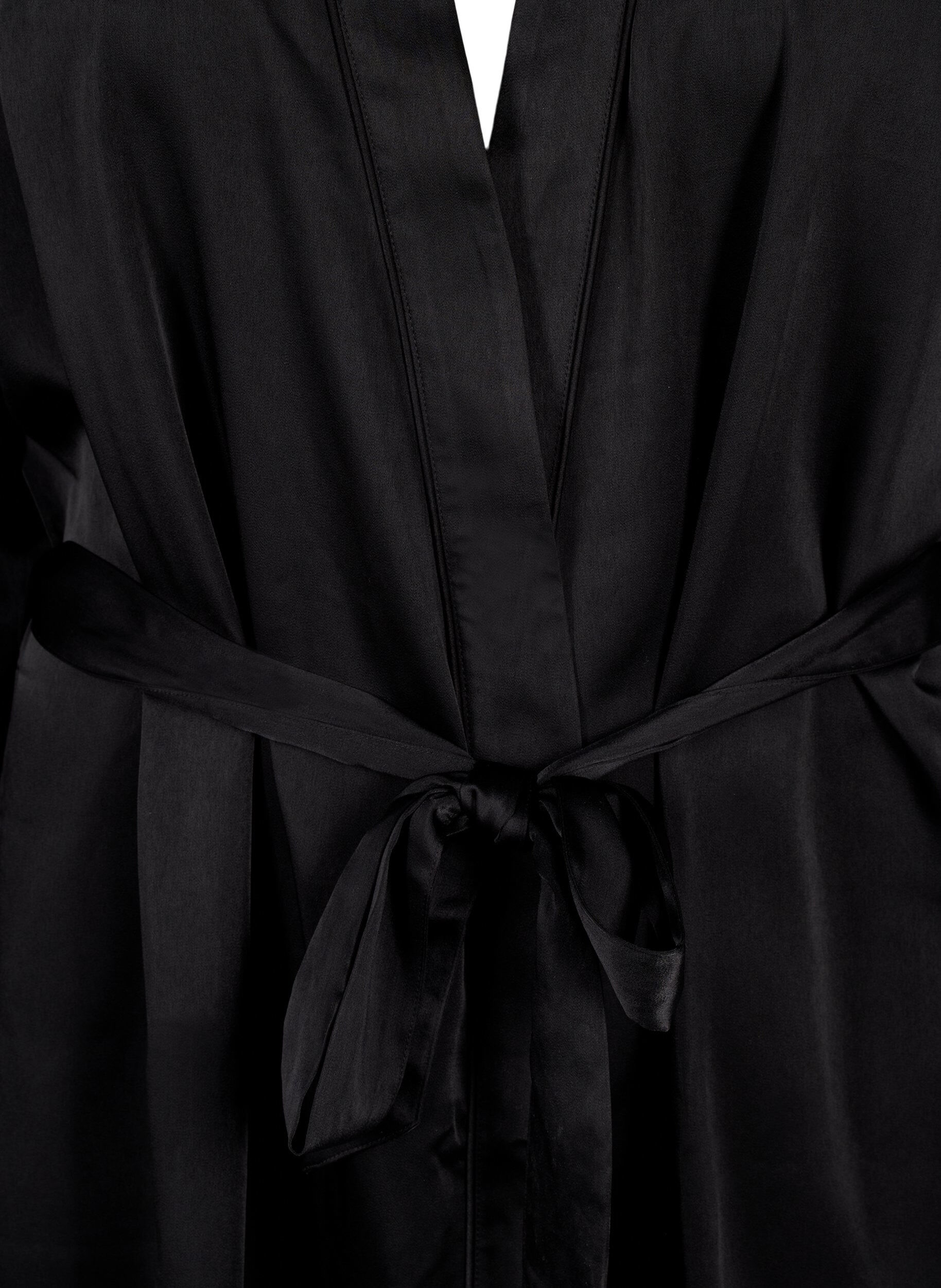 Zizzi Satin kimono med b&aelig;lte, Black, Packshot image number 2