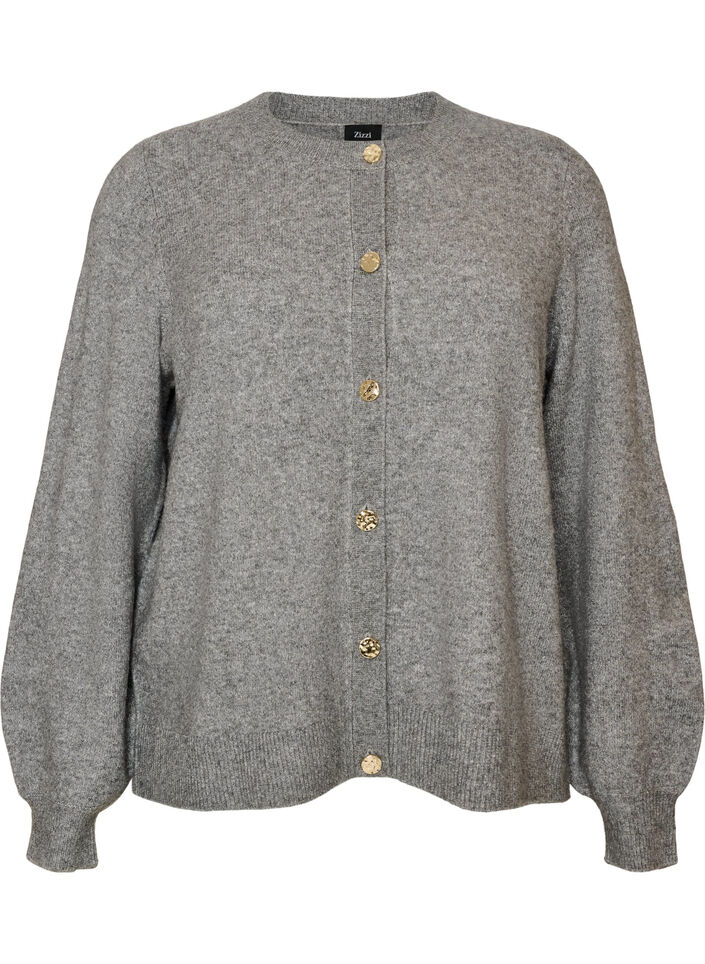 Cardigan i bl&oslash;d strik med guldfarvede knapper, Gr&aring;, Packshot image number 0