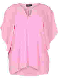 Printet bluse med bindesnøre og korte ærmer, Pink Ditzy Flower
