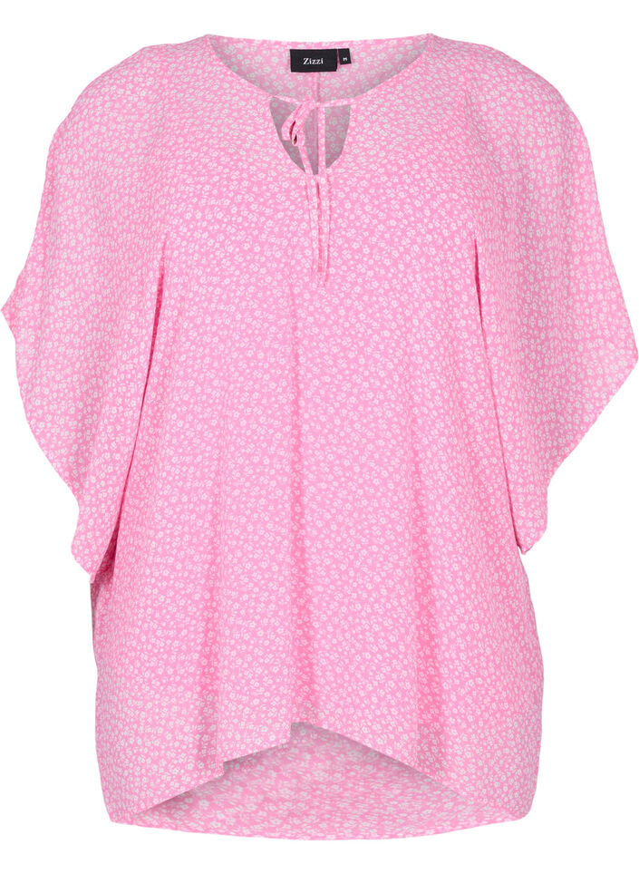 Printet bluse med bindesnøre og korte ærmer, Pink Ditzy Flower, Packshot image number 0