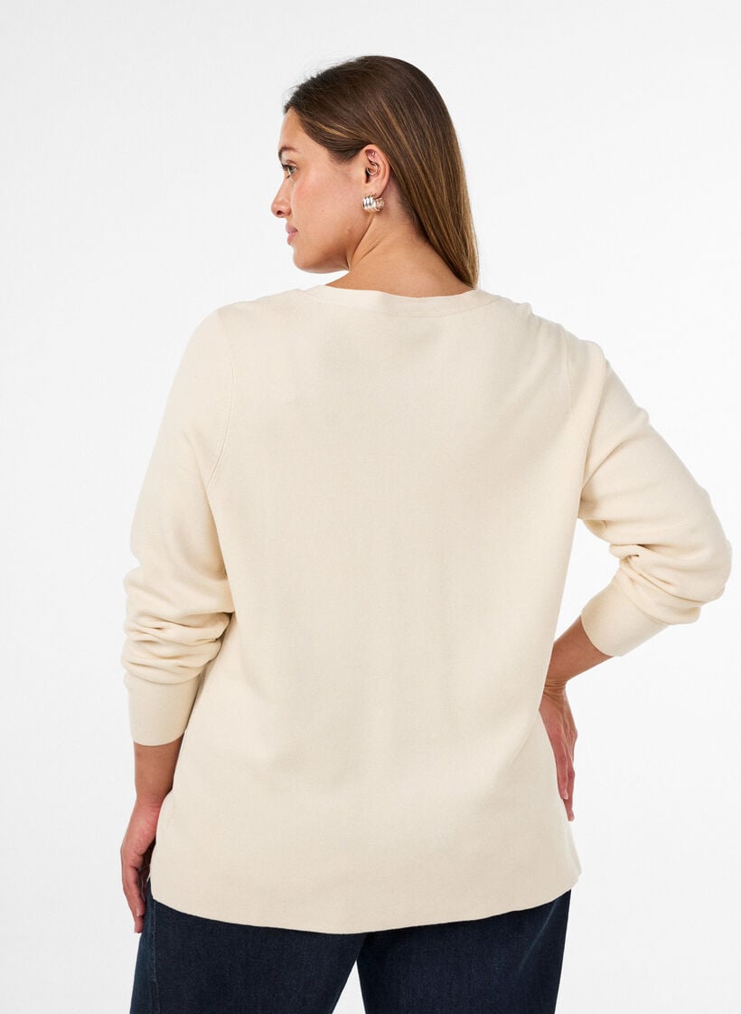 Finstrikket cardigan med dekorative knapper, Vanilla, Model image number 2