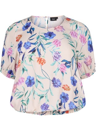 Blomstret bluse med smock, Buttercream Blue Fl., Packshot image number 0
