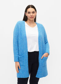 Lang strikcardigan med uld og lommer, French Blue, Model