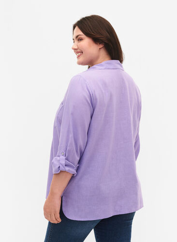 Skjortebluse med knaplukning i bomuldsmix med hør, Lavender, Model image number 1
