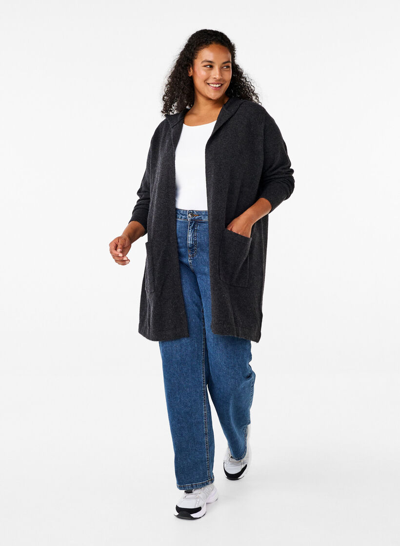 Lang strik cardigan med uld og hætte, Dark Grey Melange, Model image number 2