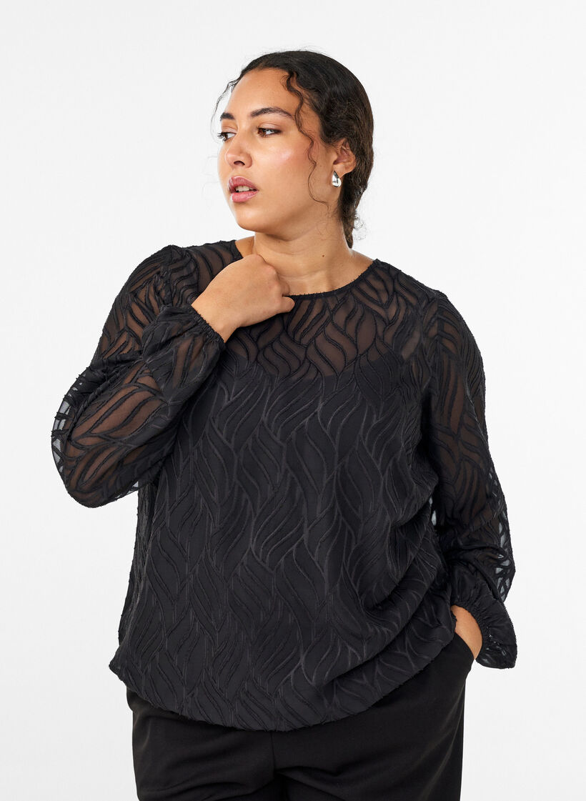 Bluse i chiffon med strukturm&oslash;nster, Sort, Model image number 0