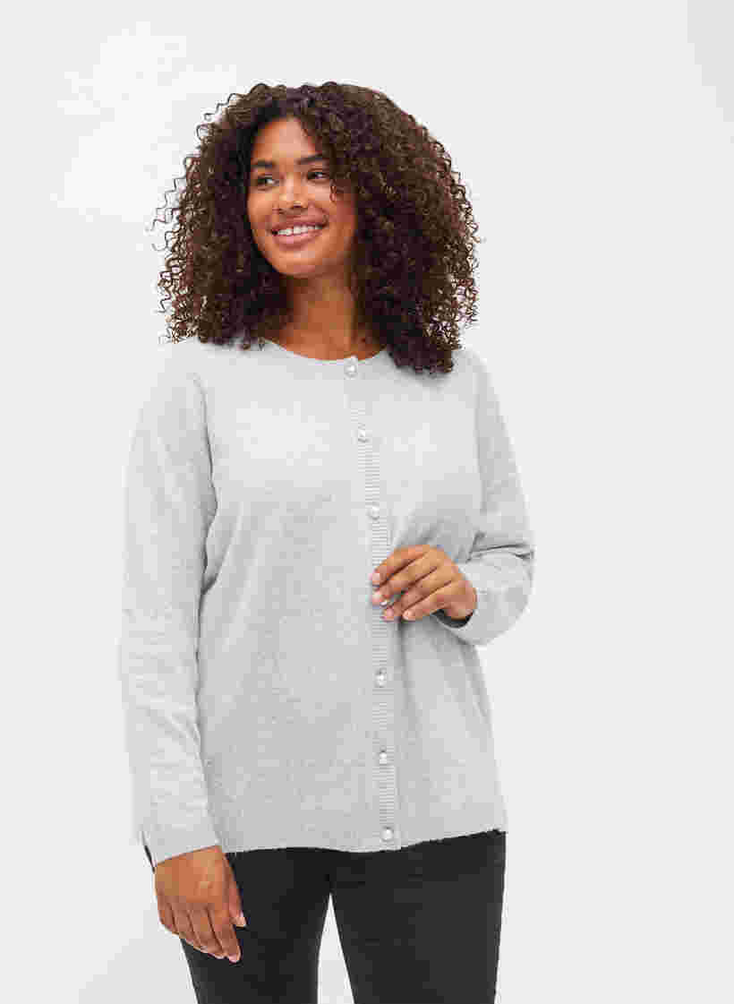 Kort meleret strikcardigan med perleknapper, Light Grey Melange, Model image number 0