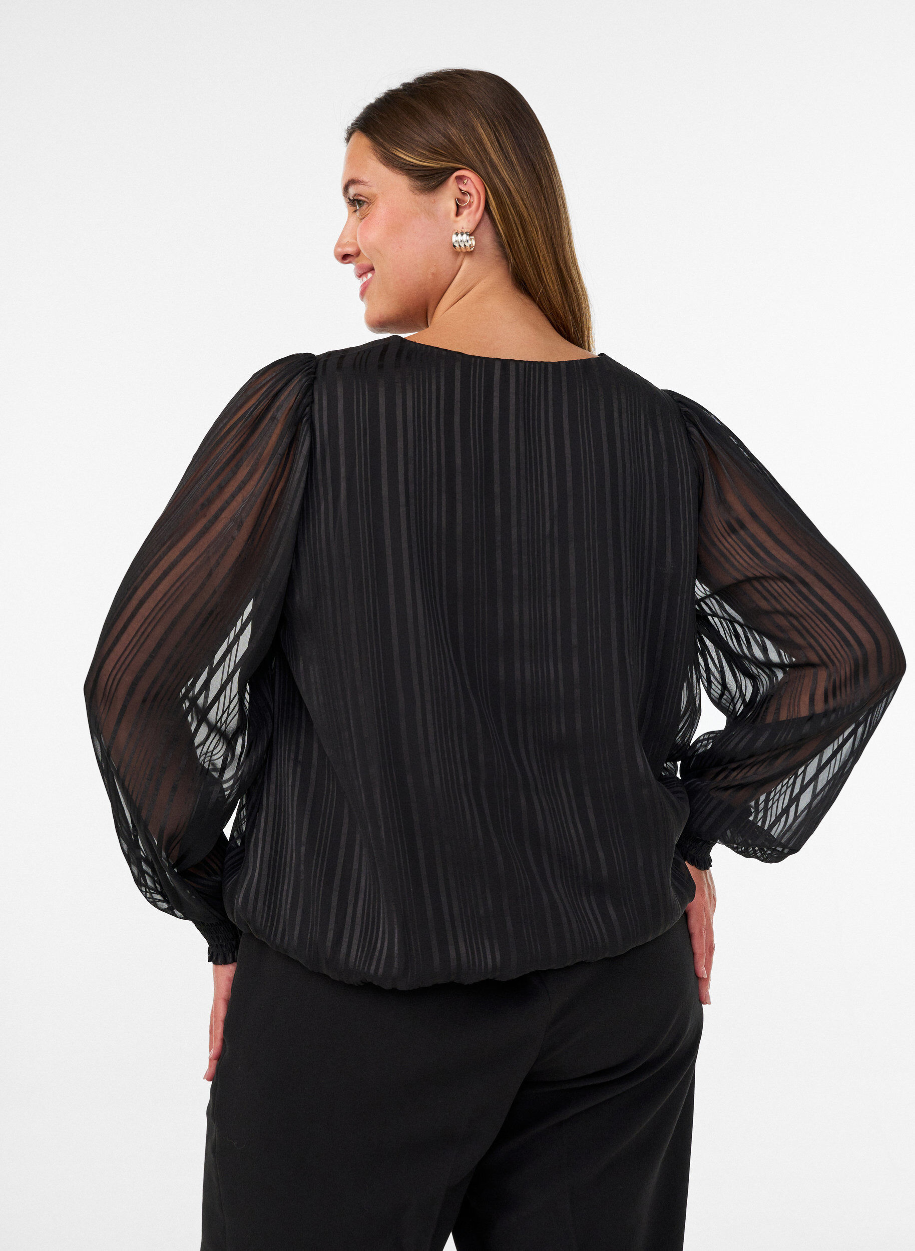ZizziBluse med stribem&oslash;nster og ballonform, Sort, Model image number 2