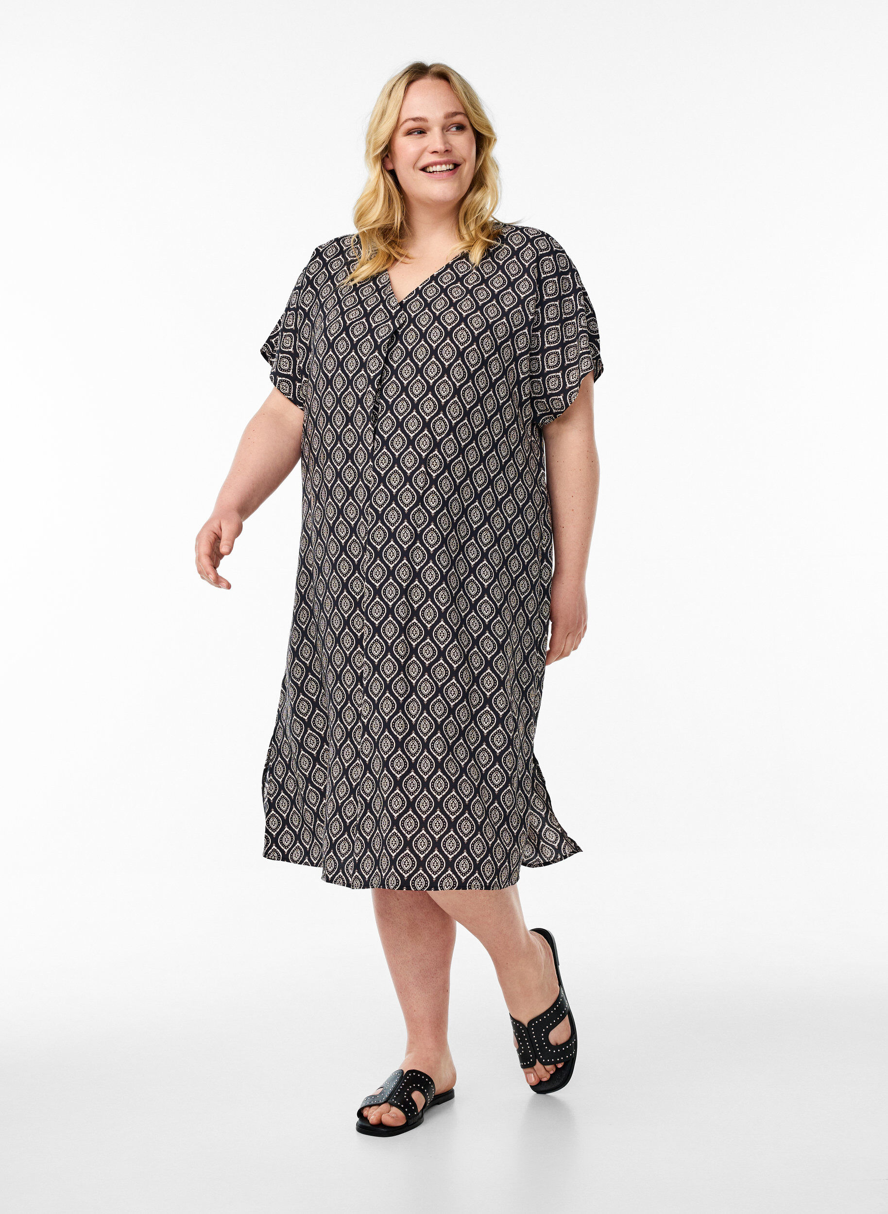 ZizziV-hals kjole i viskose, Bl&aring;, Model image number 1