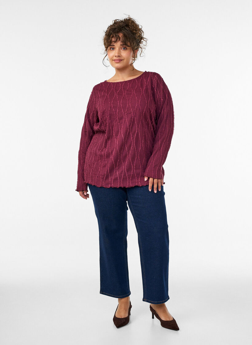Jerseybluse med b&oslash;lget struktur, R&oslash;d, Model image number 1