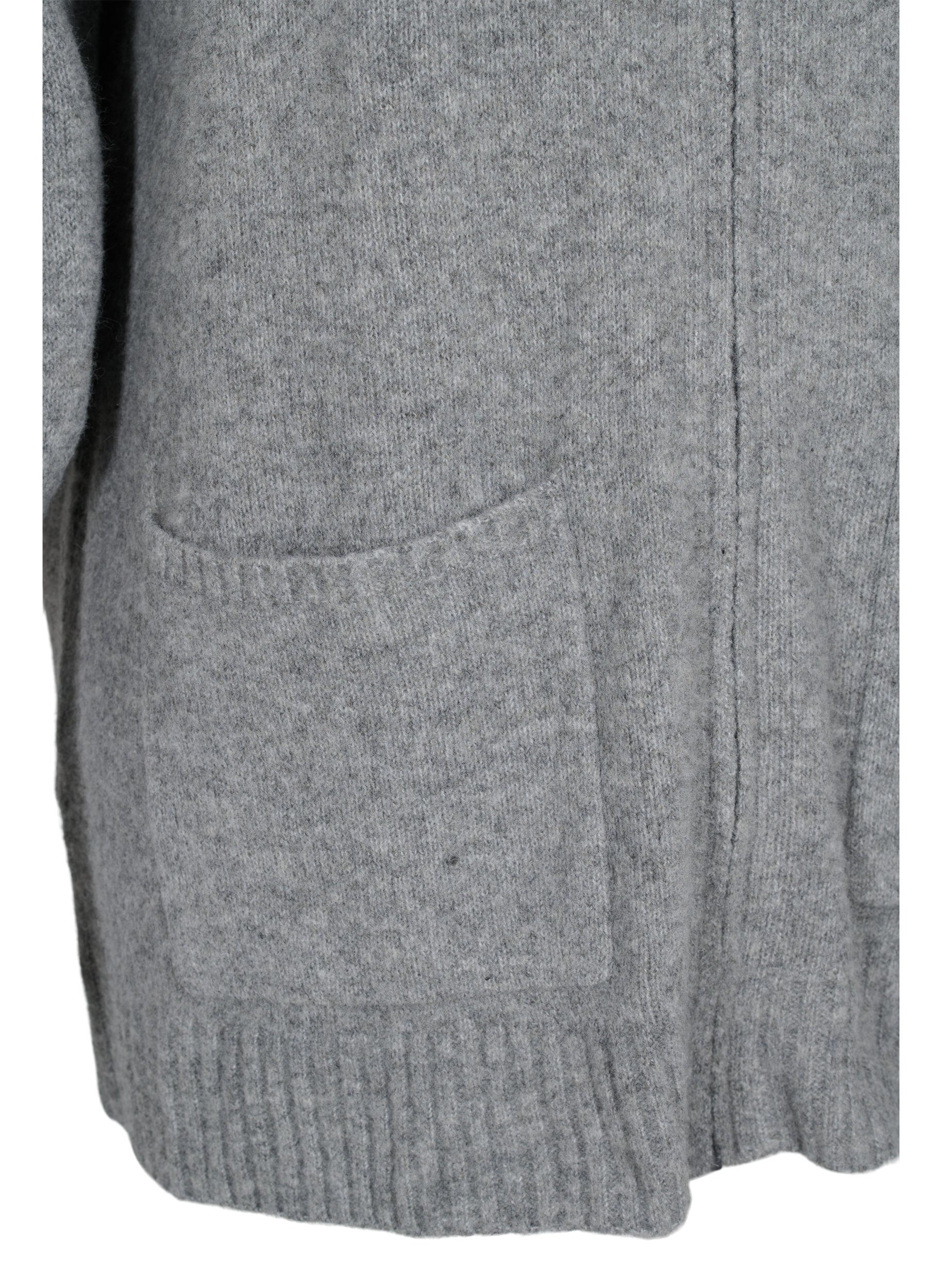 Zizzi Lang strikket cardigan med lynl&aring;s og lommer, Medium Grey Melange, Packshot image number 3