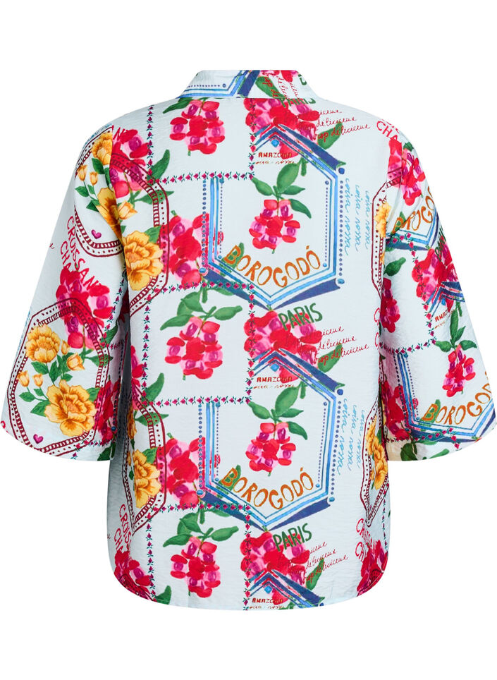 Skjortebluse med albuelange &aelig;rmer og farverigt print, Bl&aring;, Packshot image number 1