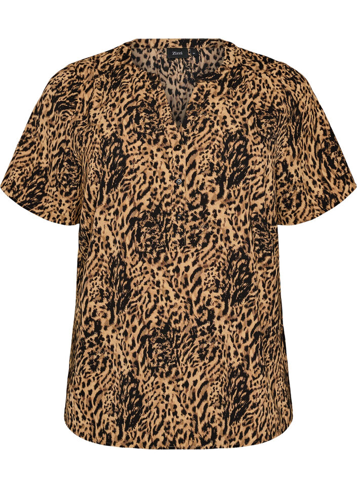 Bluse med korte &aelig;rmer og v-udsk&aelig;ring , Brun, Packshot image number 0