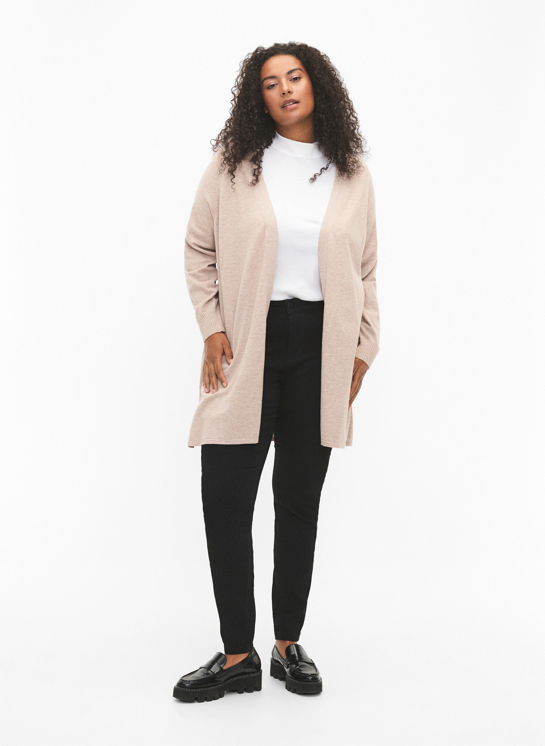 Zizzi Strikket cardigan med slids og rib, Simply Taupe Mel., Model image number 2