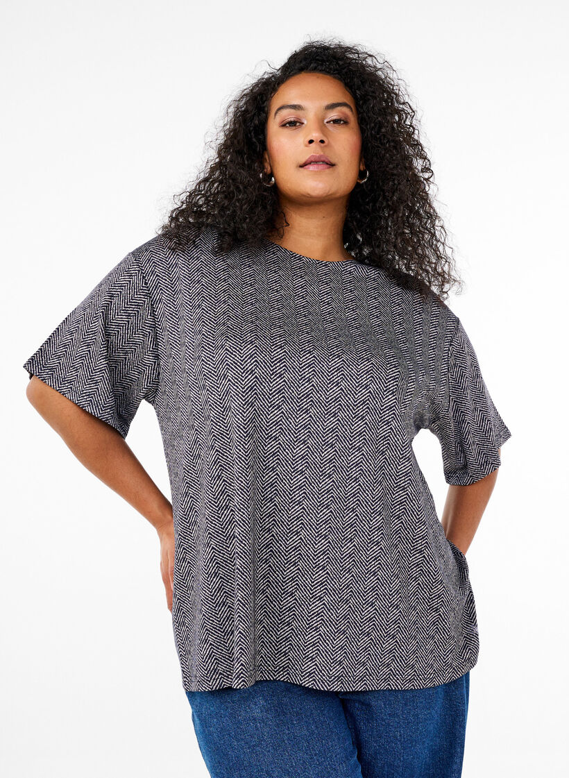 Oversize bluse med mønster, Blå, Model image number 0