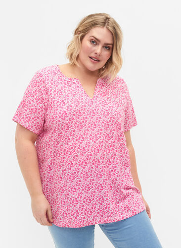 Blomstret bomulds t-shirt med v-hals, Shocking Pink AOP, Model image number 0