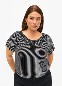 Stribet viskose bluse med korte ærmer, Black/ White Stripe, Model