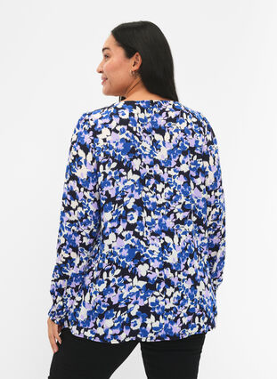 FLASH - Langærmet bluse med smock og print, Blue Purple Flower, Model image number 1