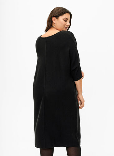 Ribstrikket kjole med 3/4 ærmer, Black, Model image number 1