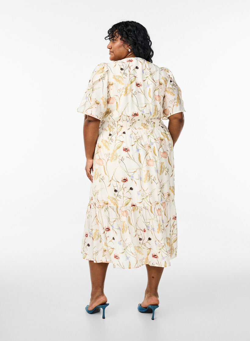 Blomstret midikjole med A-facon, Beige, Model image number 2
