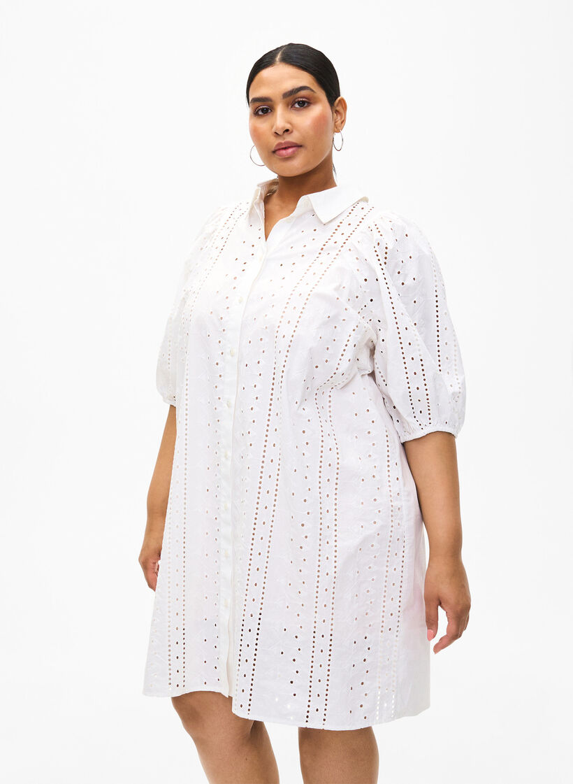 Skjortekjole i bomuld med broderi anglaise, Off White, Model image number 0
