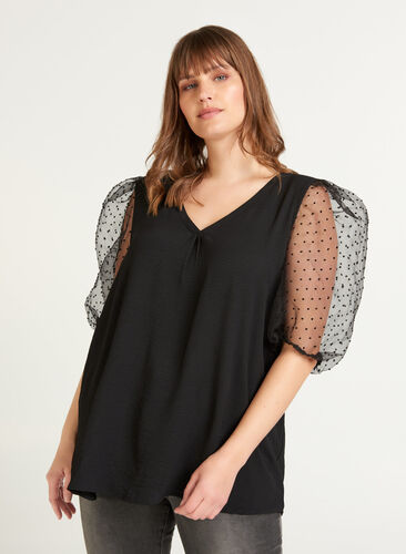 Bluse med transparente pufærmer, Black, Model image number 0
