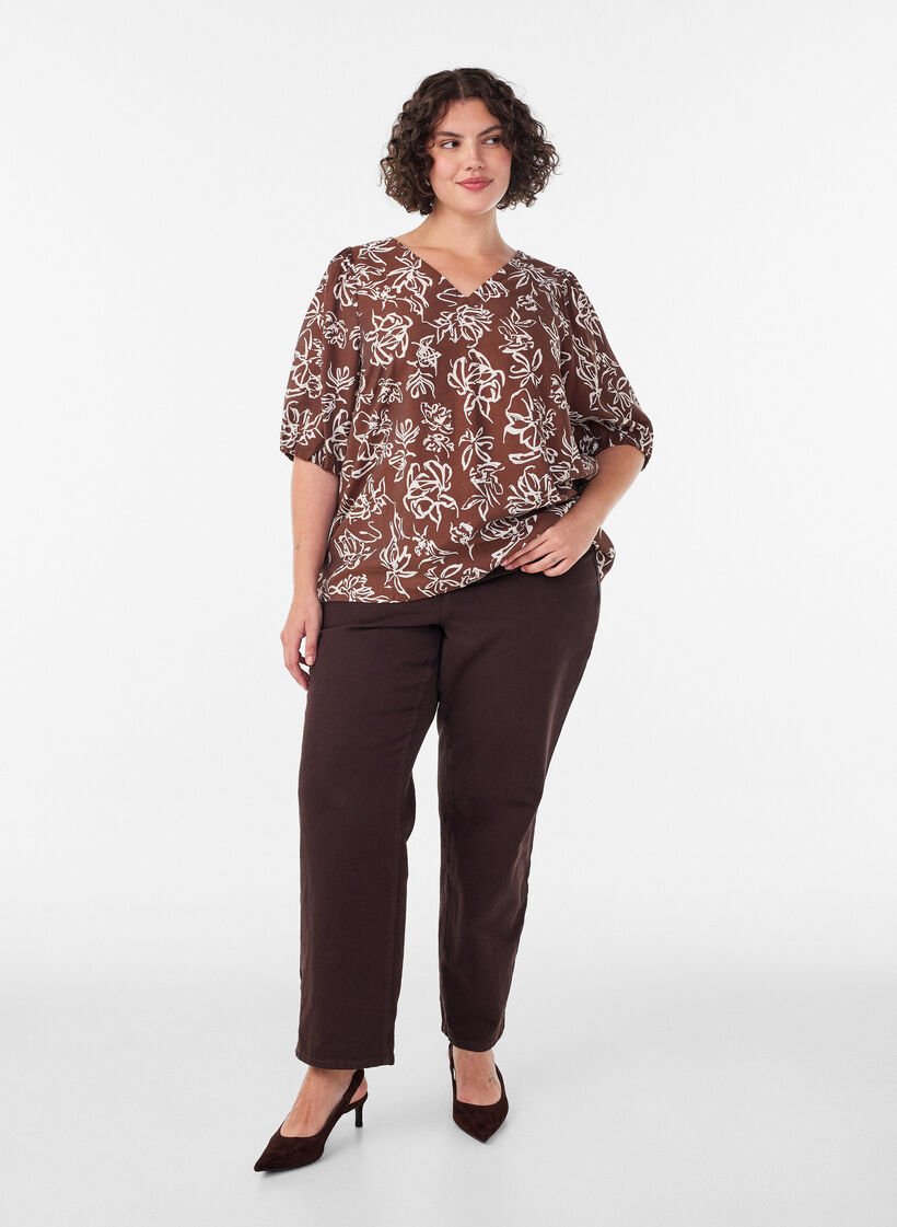 Viskosebluse med V-udsk&aelig;ring, Brun, Model image number 1