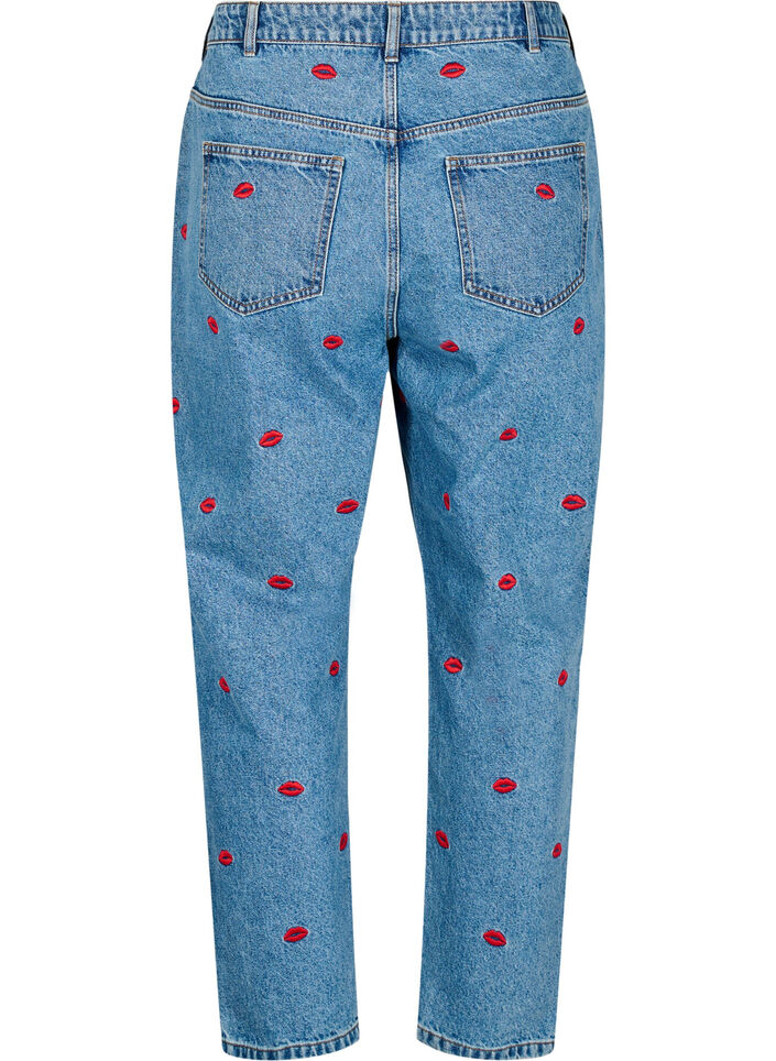Mille mom fit jeans med broderi, Blå, Packshot image number 1