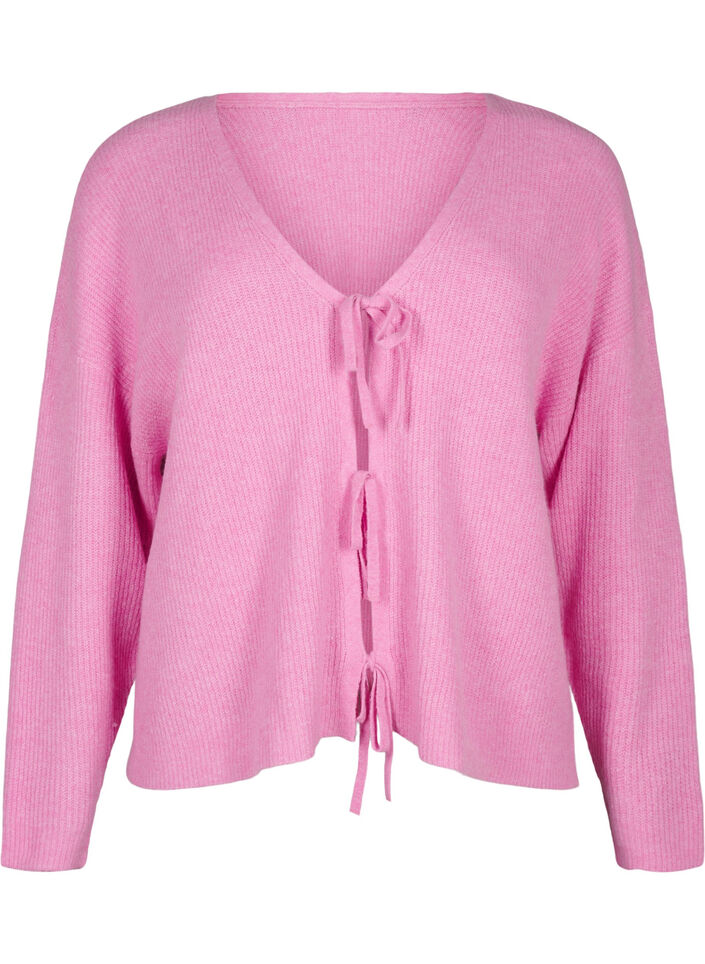 Strikcardigan med bindebånd, Begonia Pink Mel., Packshot image number 0