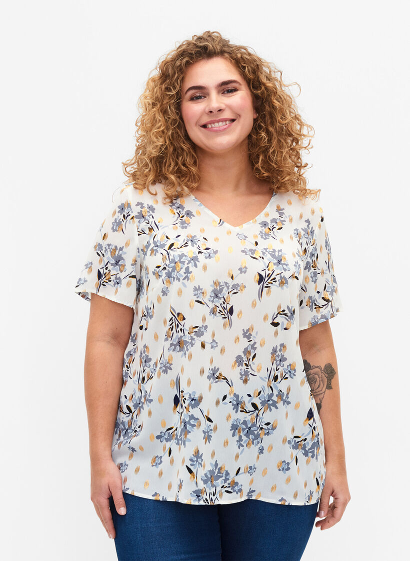 Bluse med print og lurex, White Flower/Gold, Model image number 0