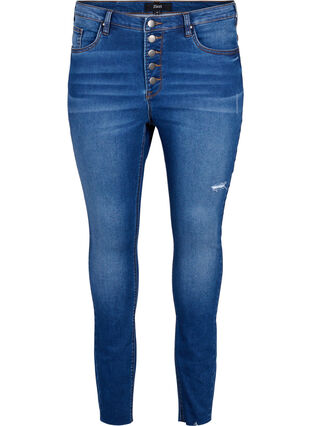 Højtaljede Amy jeans med knapper, Blue denim, Packshot image number 0