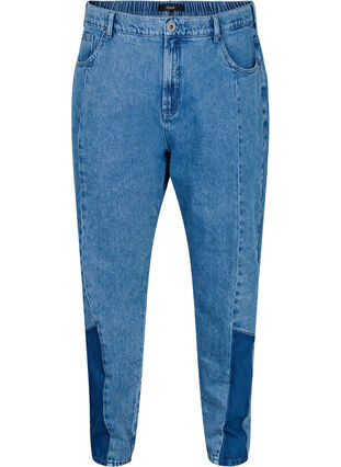 Cropped Mille mom jeans med color-block , Blue denim, Packshot image number 0