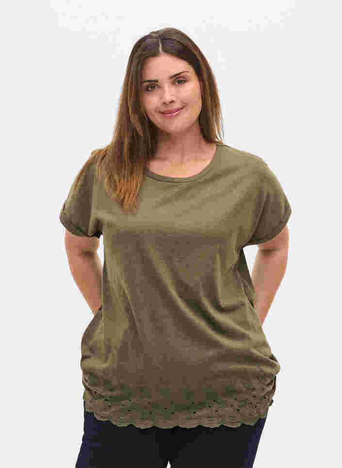 Kortærmet t-shirt med broderi anglaise, Ivy Green Mel., Model image number 0