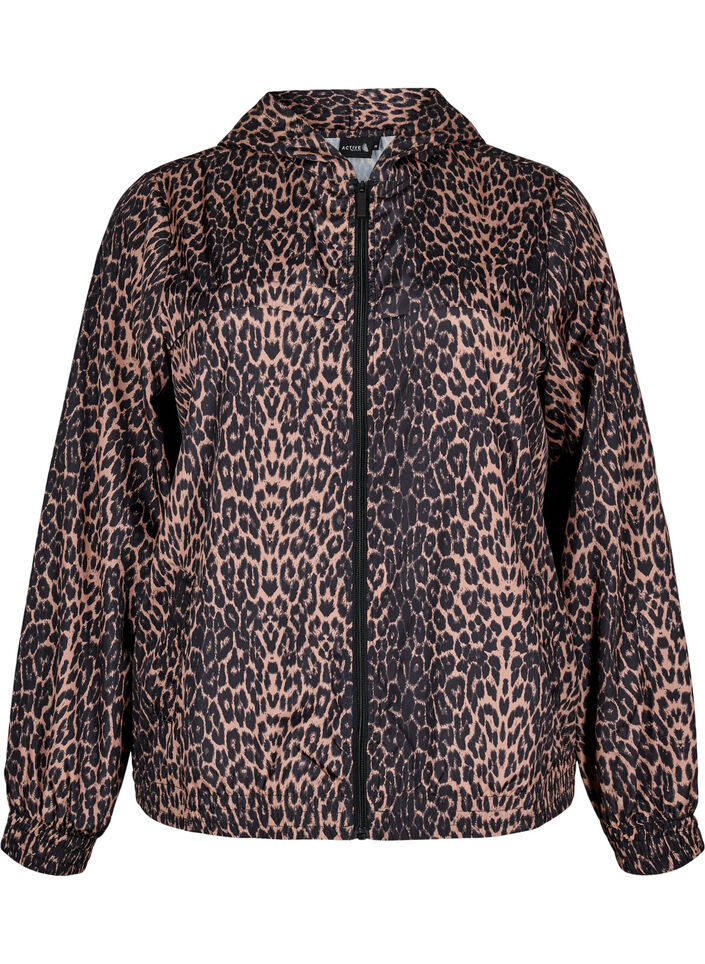 Sportsjakke med leopardprint og hætte, Brun, Packshot image number 0