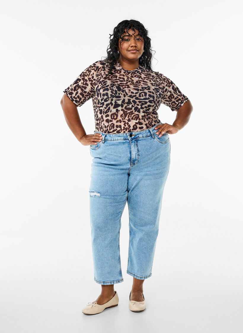 Meshbluse med korte ærmer, Brun, Model image number 1