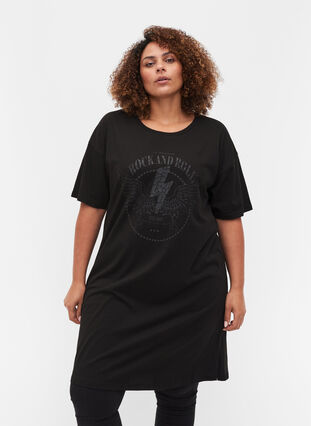T-shirt kjole i bomuld med printdetaljer, Black w. Black, Model image number 0