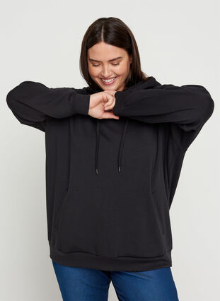 Sweatshirt med lommer og hætte, Black, Model image number 0