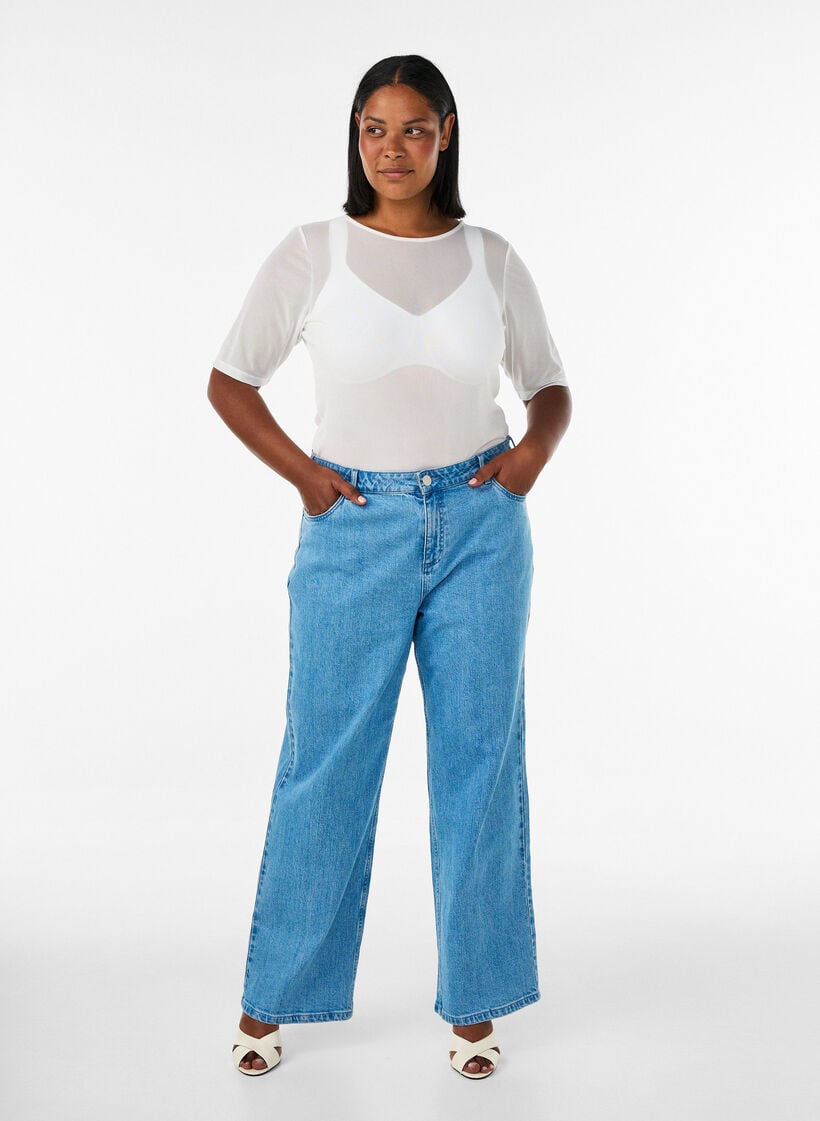 Meshbluse med korte &aelig;rmer og rund hals, Vanilla, Model image number 1