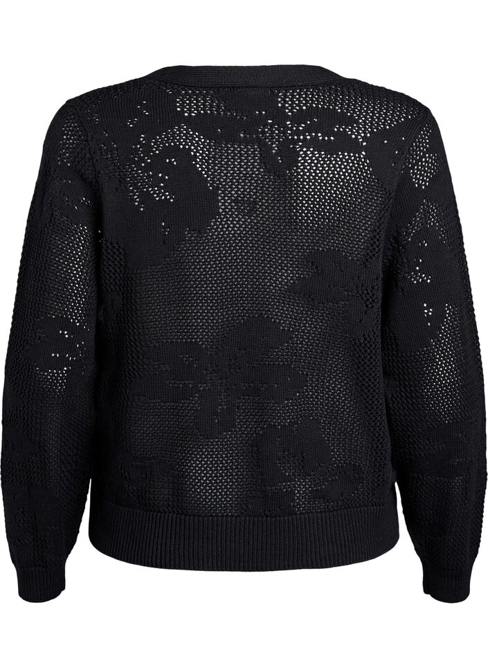 Strikket cardigan med hulmønster og bindebånd, Black, Packshot image number 1
