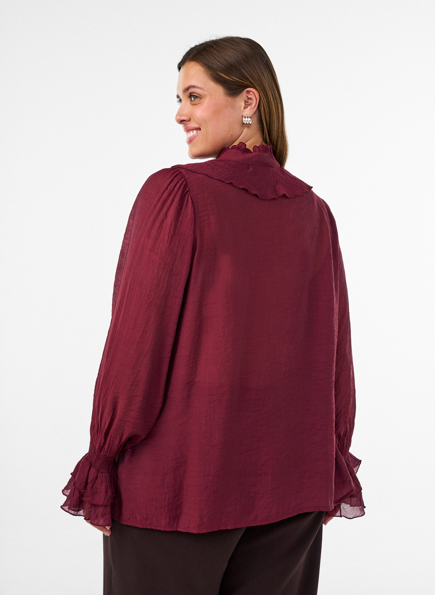 ZizziBluse i viskose med fl&aelig;ser og lange &aelig;rmer, R&oslash;d, Model image number 2