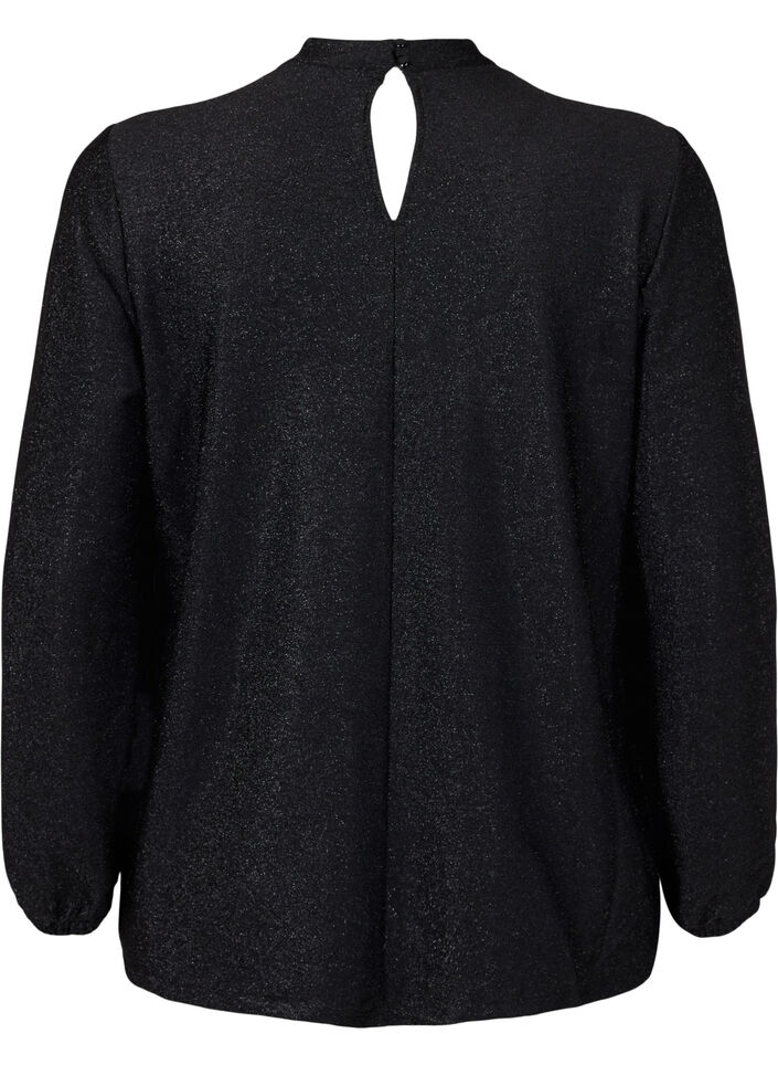Langærmet glitterbluse med rund hals og v-detalje, Black Black, Packshot image number 1