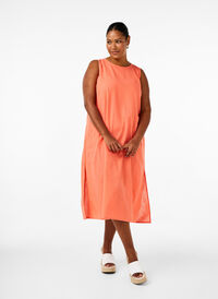 Ærmeløs kjole i bomuldsmix med hør, Living Coral, Model