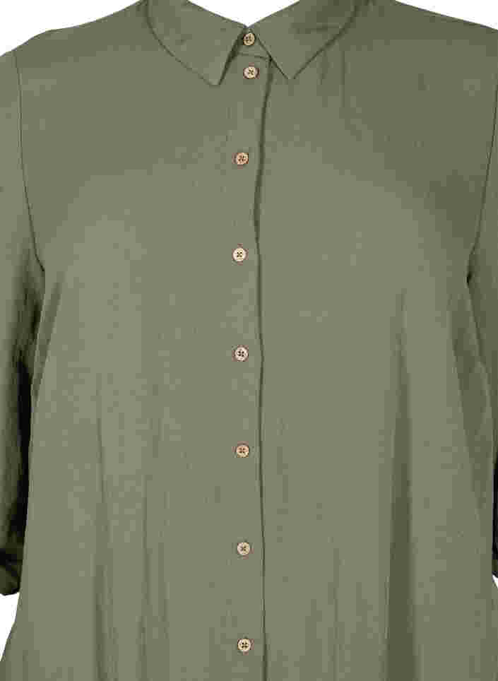 Lang ensfarvet viskose skjorte med 3/4 ærmer, Dusty Olive, Packshot image number 2