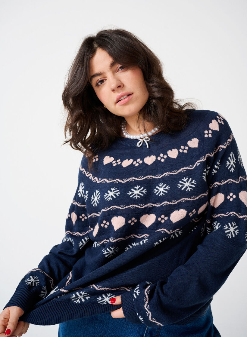 Langærmet strikbluse med julemotiv, Navy Blazer Comb, Image image number 0