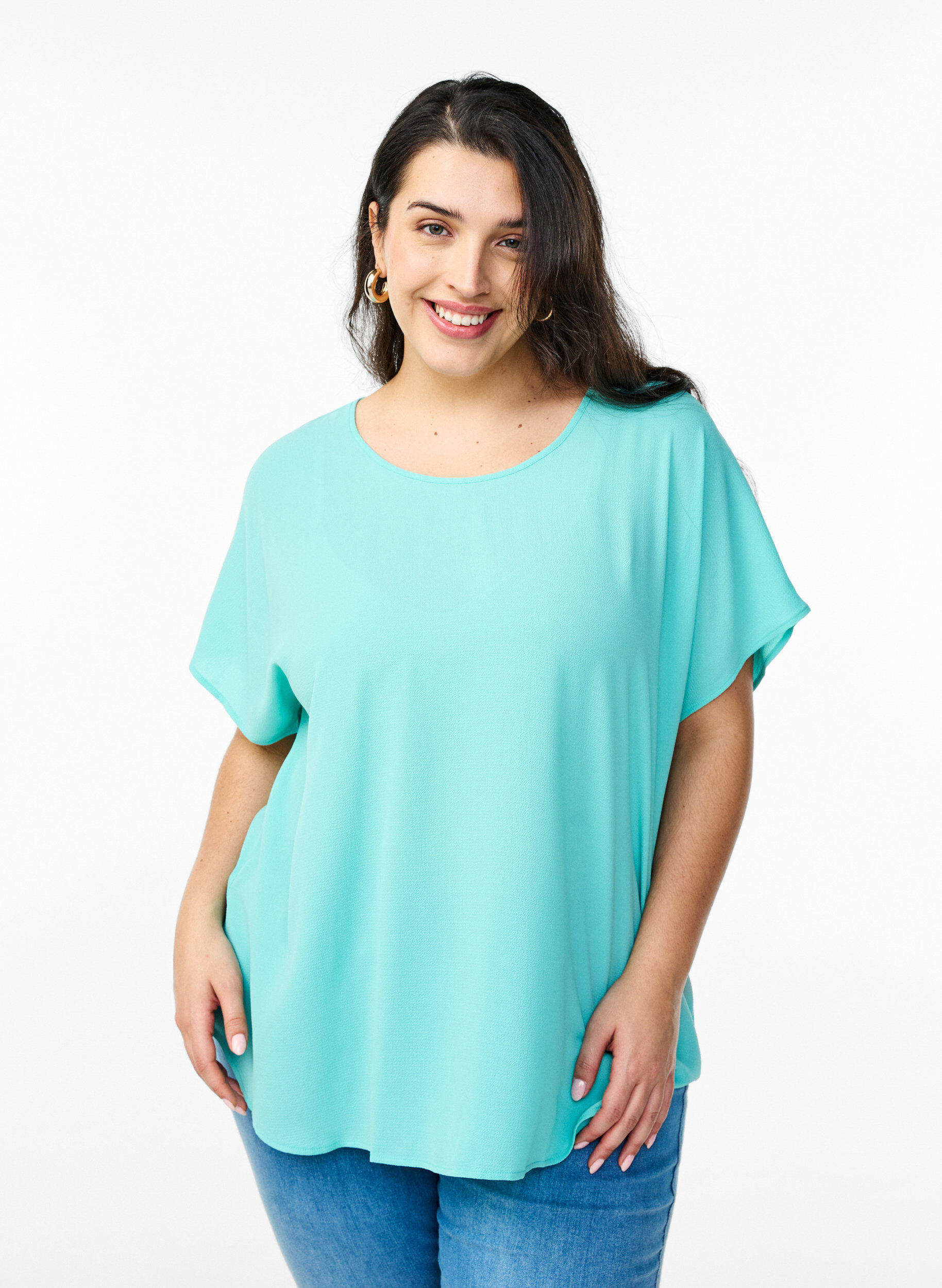 ZizziBluse med korte &aelig;rmer og rund halsudsk&aelig;ring, Bl&aring;, Model image number 0