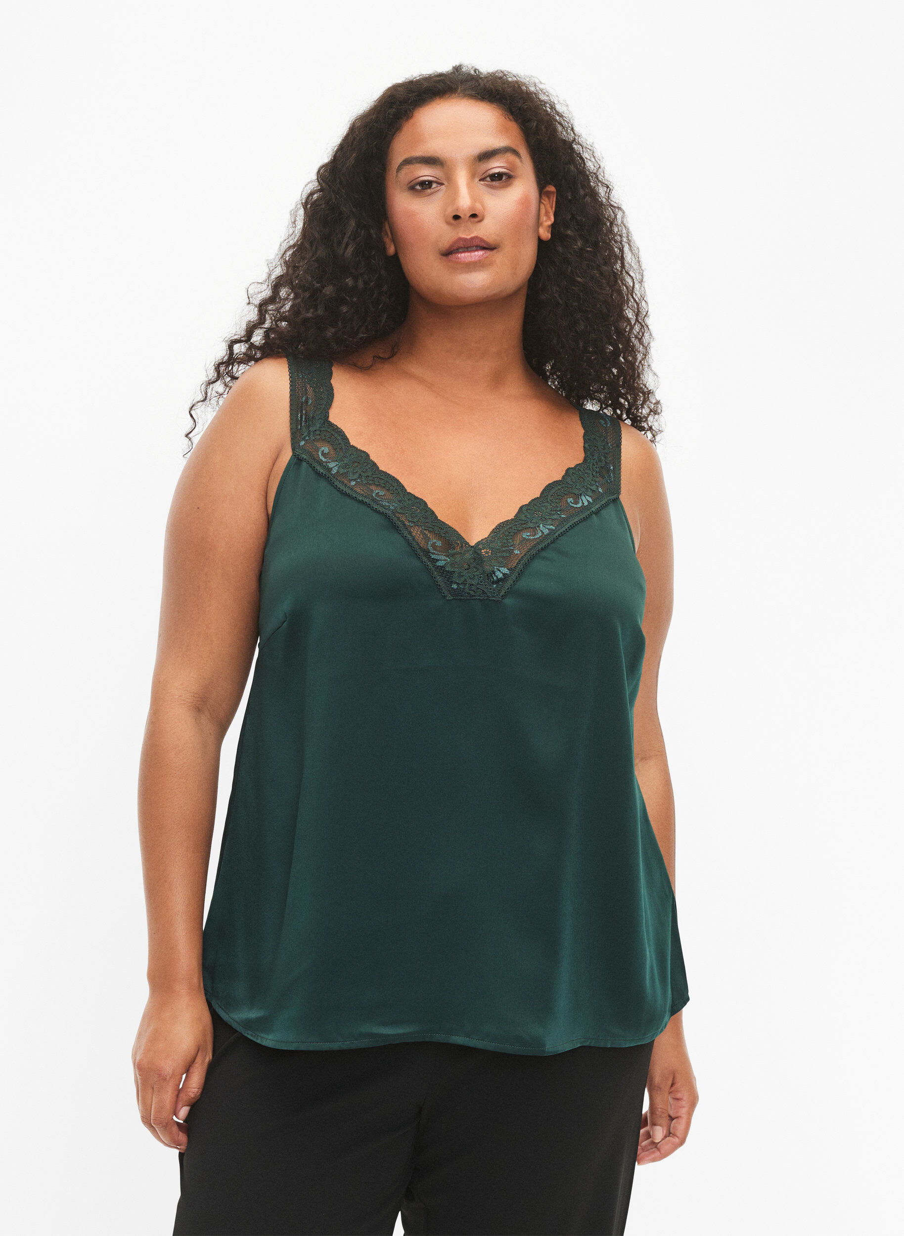 Zizzi FLASH - Top med v-udsk&aelig;ring og blondekant, Scarab, Model image number 0