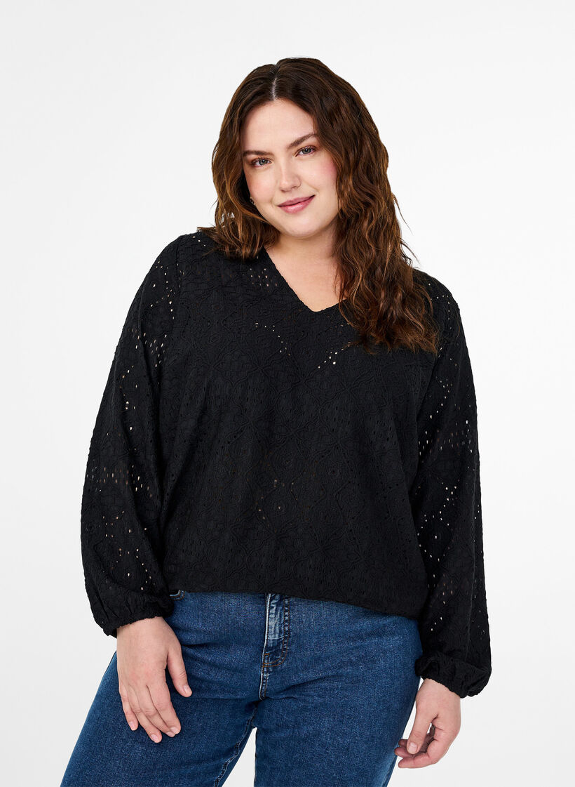 Langærmet bluse med v-hals og hulmønster, Black, Model image number 0
